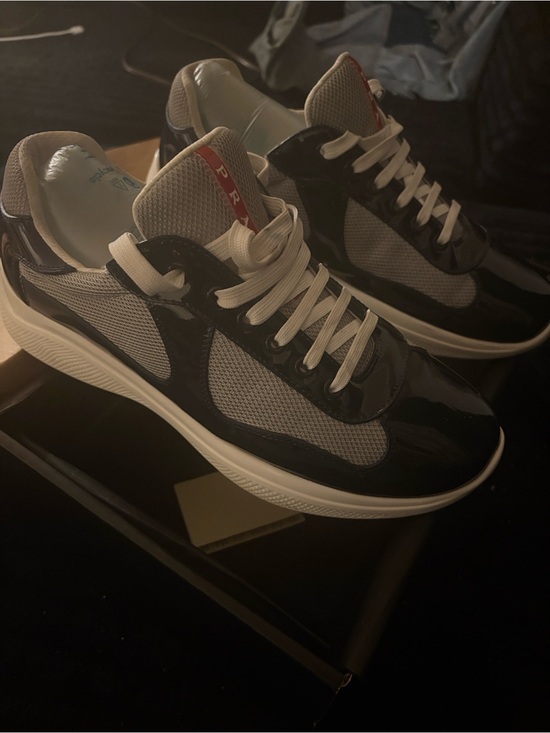 Prada Other - Prada Navy blue Patent & Gray Mesh Sneakers with White Laces and Red Tongue Stri